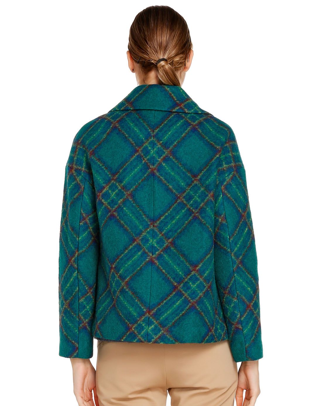 深翠绿色格纹翻领长袖外套