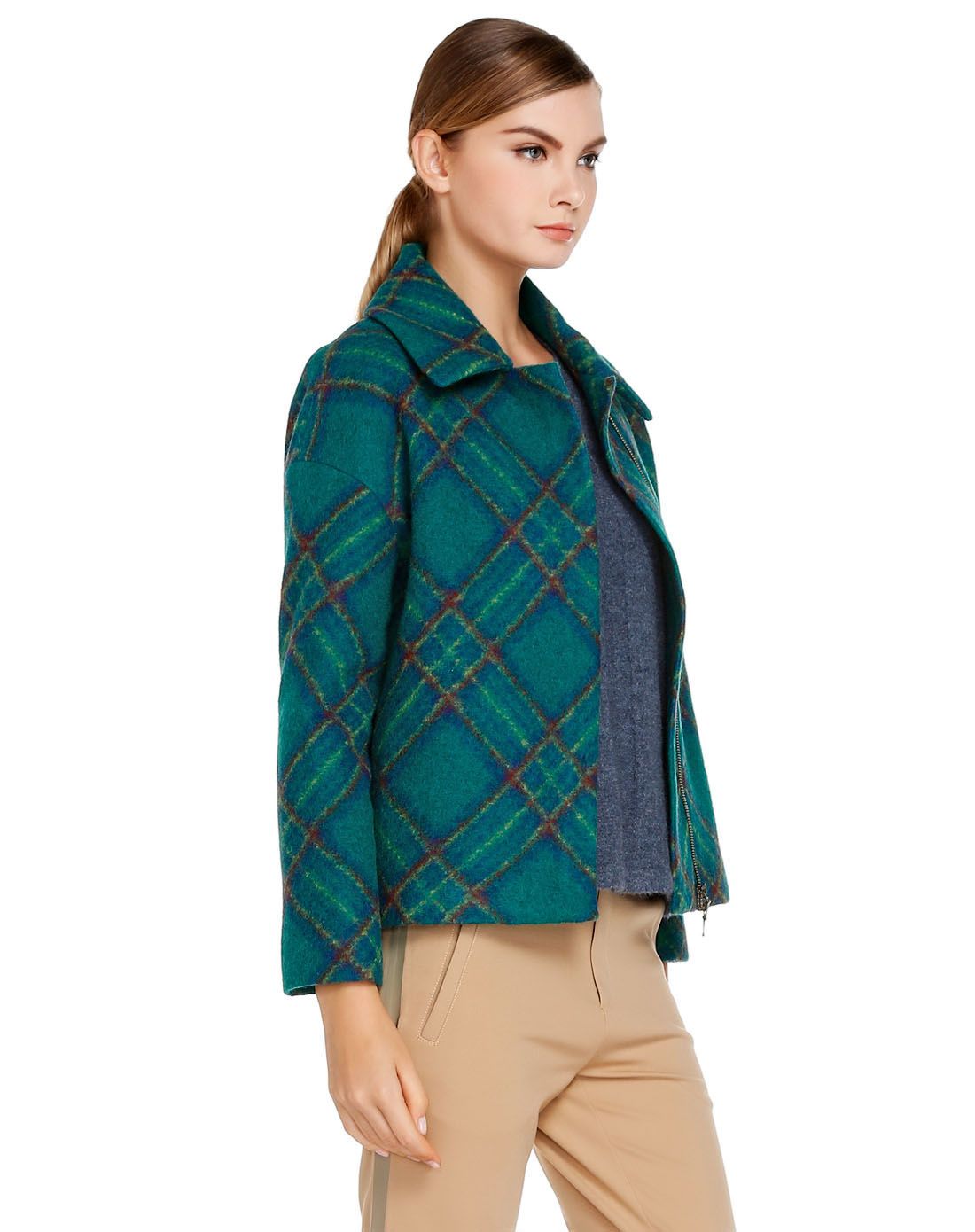 深翠绿色格纹翻领长袖外套
