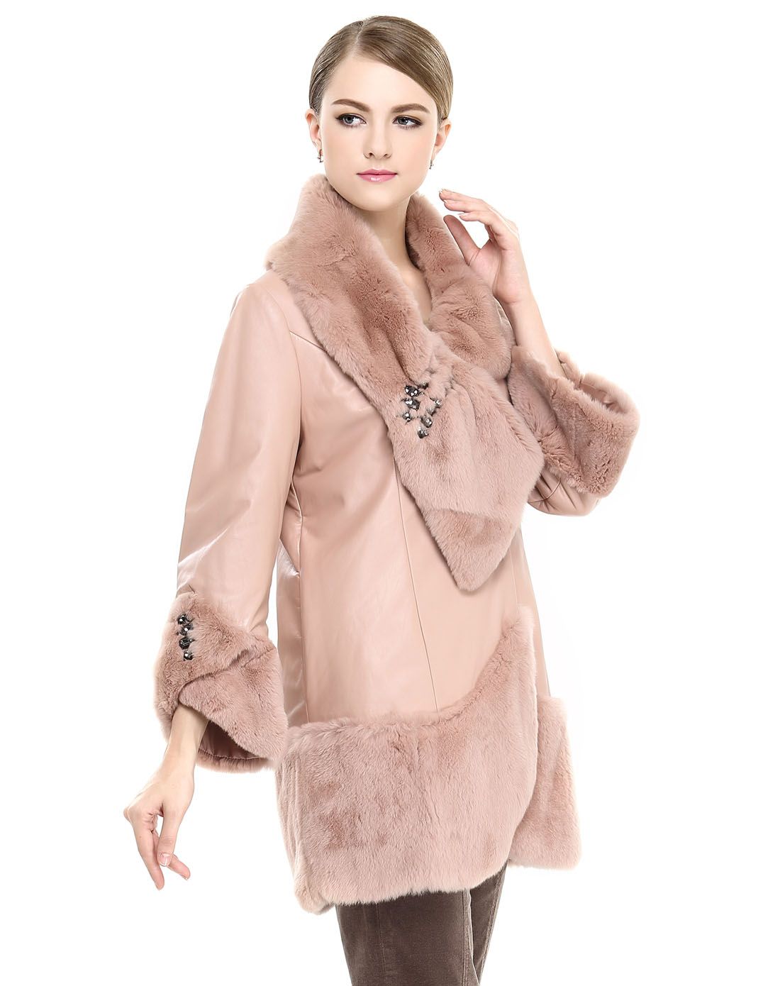 粉红色绵羊皮兔毛大翻领优雅皮棉外套