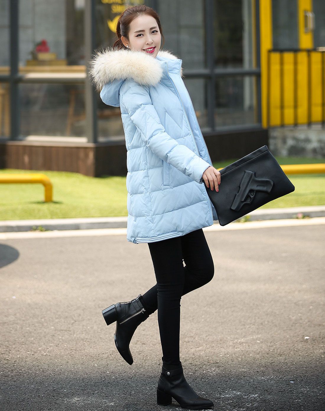 烟蓝灰 休闲中长款羽绒服