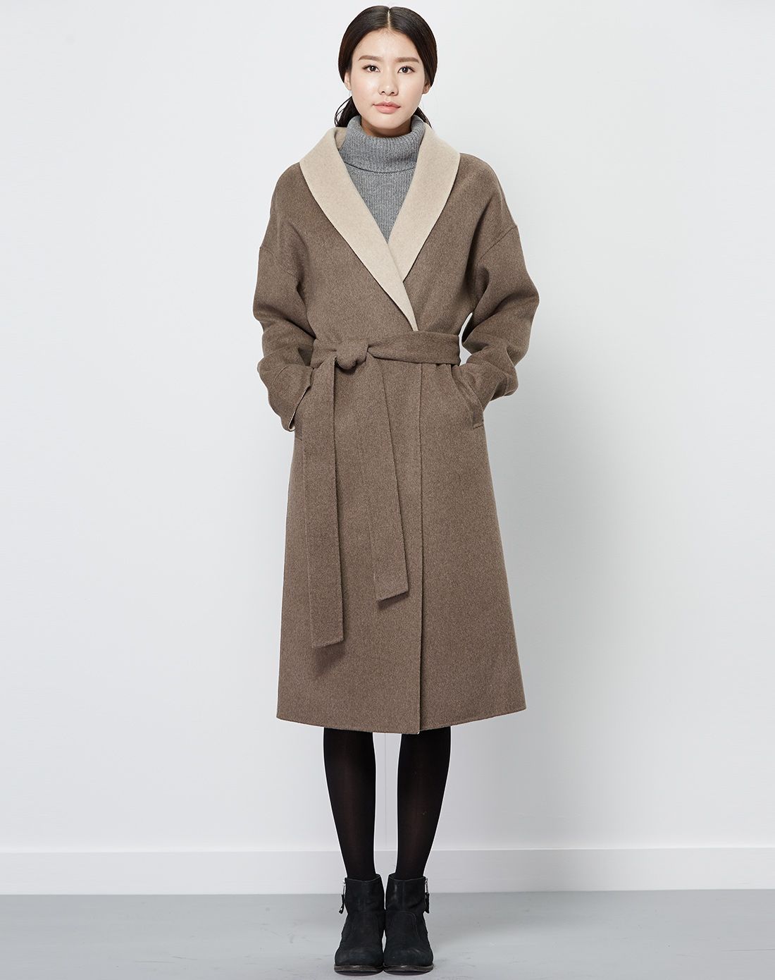 深棕色-浅咖青果领双面呢大衣