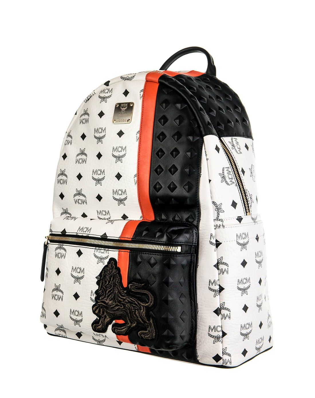 mcm 女款黑/橙色时尚狮子图案双肩包中号