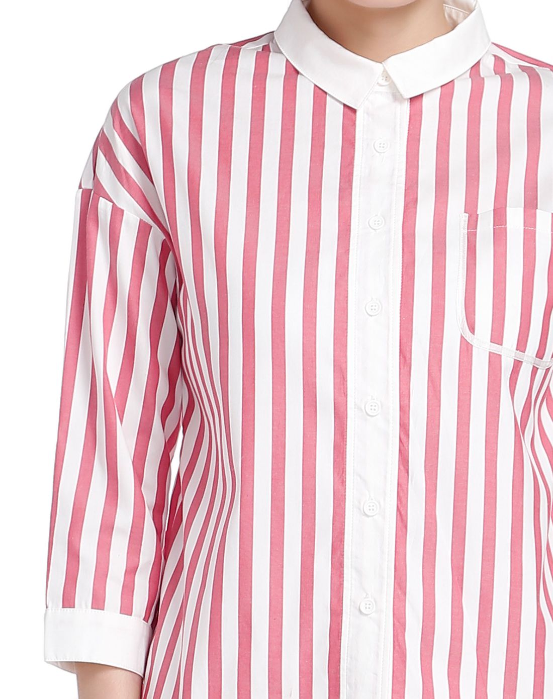 红/白色时髦条纹八分袖衬衫