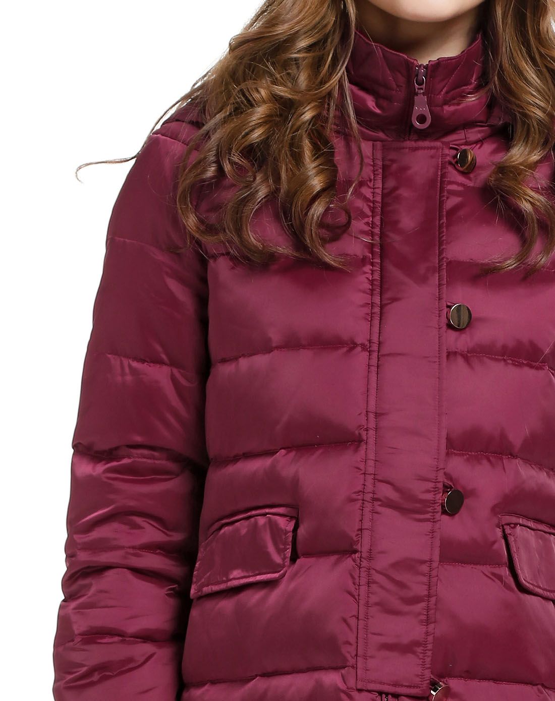 深紫红色成熟经典中长款长袖羽绒服