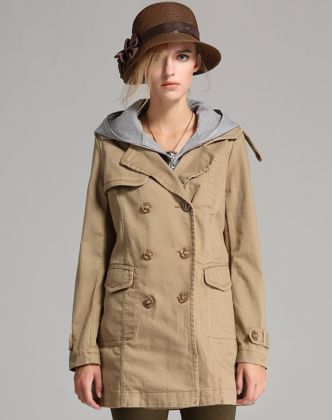 深卡其修身连帽个性风衣