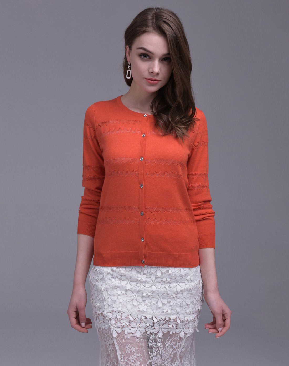 雪兰女士桔红色提花圆领桑蚕丝针织衫