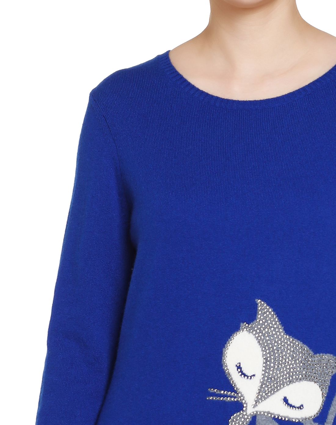 中酞蓝色圆领提花长袖山羊绒衫