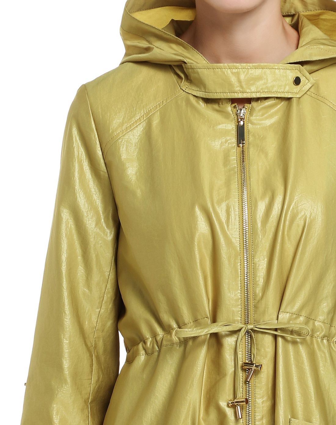 黄绿色连帽简约中长款长袖风衣