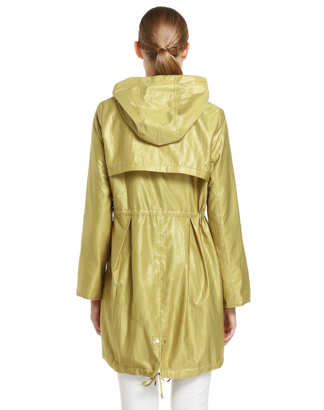 黄绿色连帽简约中长款长袖风衣