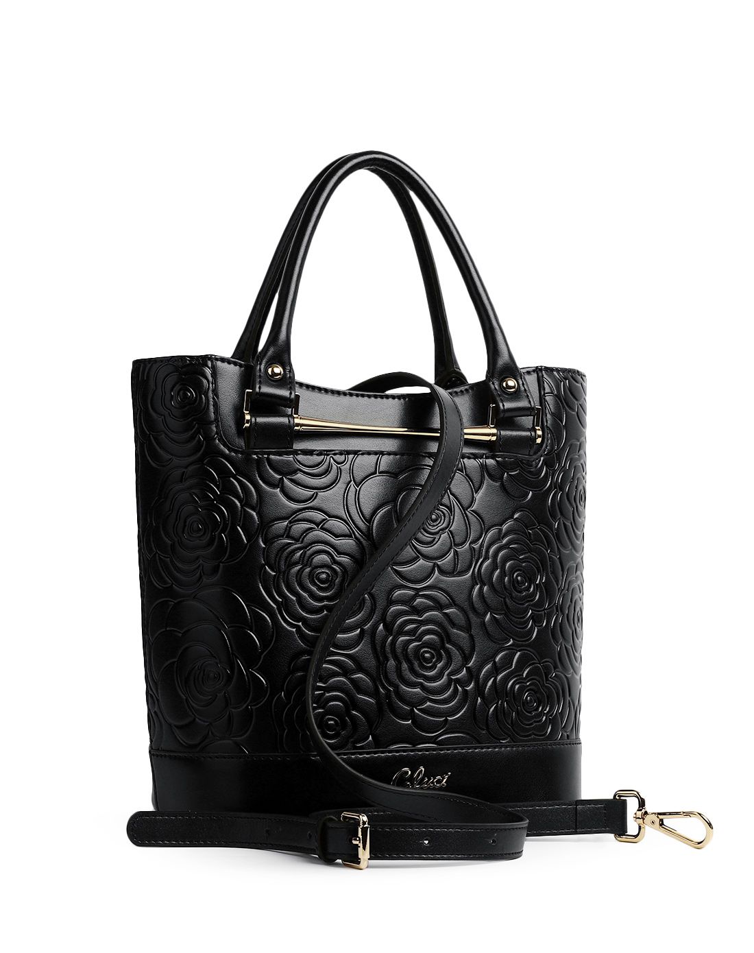 女士黑色山茶花水桶形手提单肩包