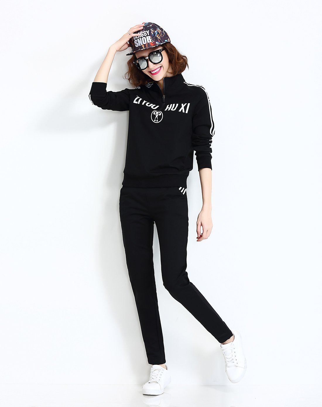 女款休闲百搭长袖运动套装黑色
