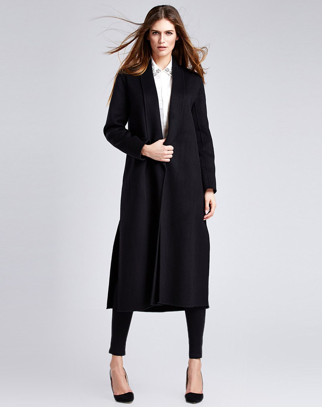 女款黑色侧开叉长款双面呢大衣