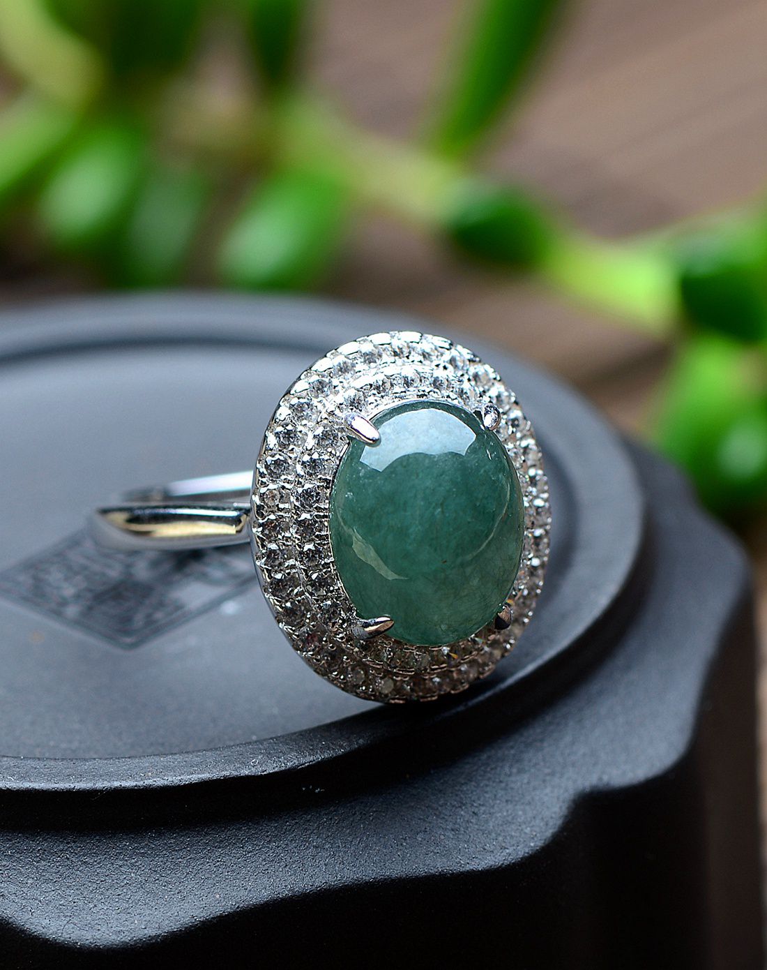 s925精镶天然a货翡翠戴妃款活口戒指