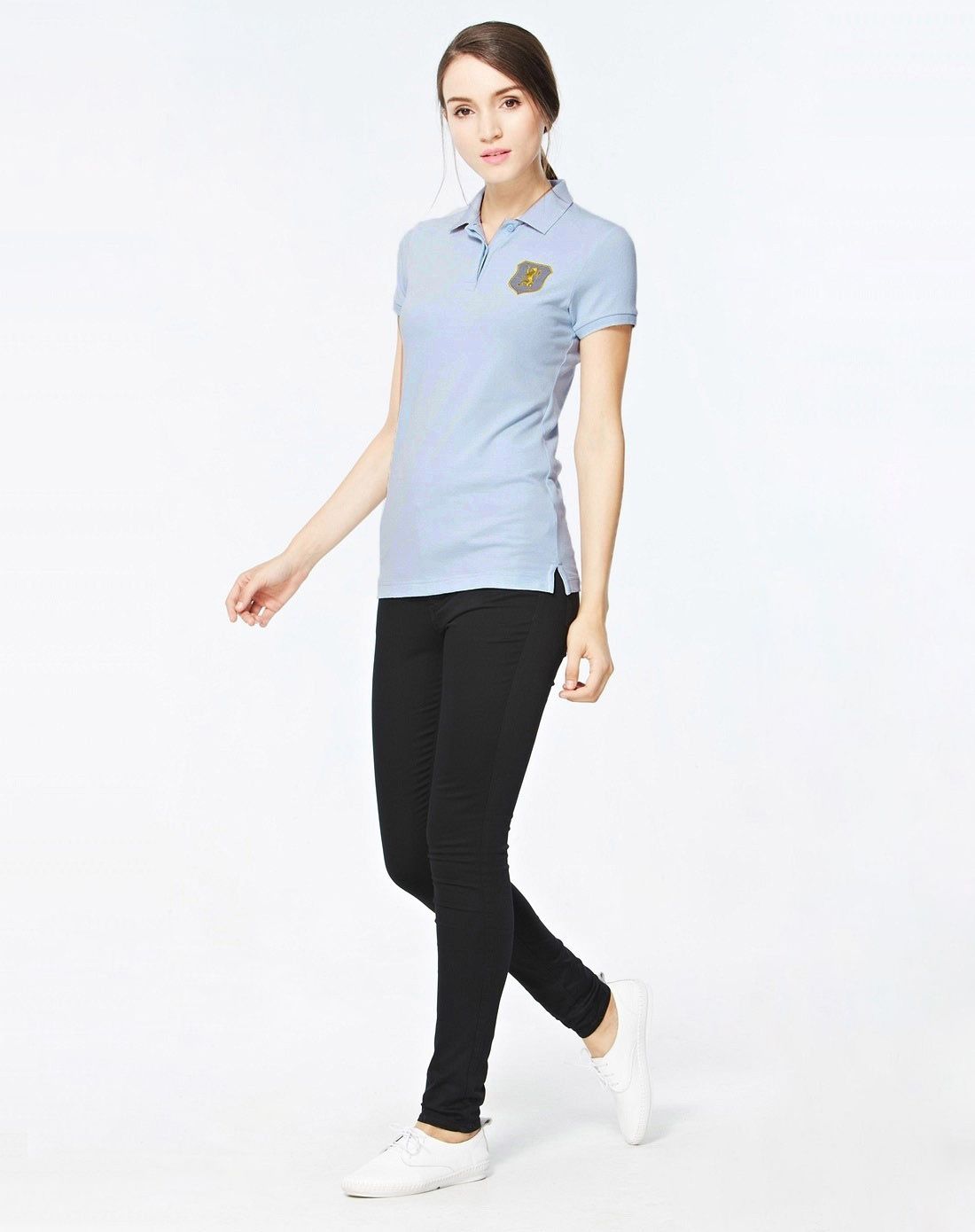 菘蓝色 胜利狮王徽章刺绣弹力棉修身短袖polo