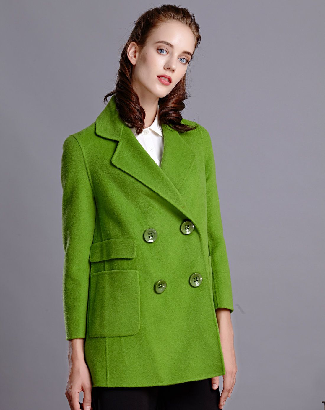 女款荧光绿色双面呢大衣