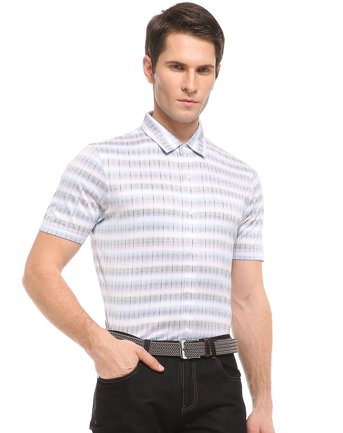 利奥纳多leonardo男装专场 天丝棉混纺色织灰紫多彩休闲短袖t恤