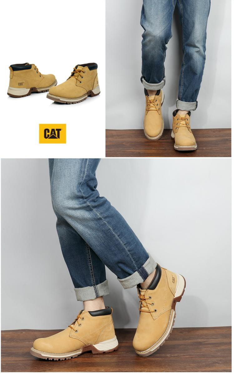 cat/卡特专柜款深灰色牛皮男鞋工装复古高帮休闲鞋