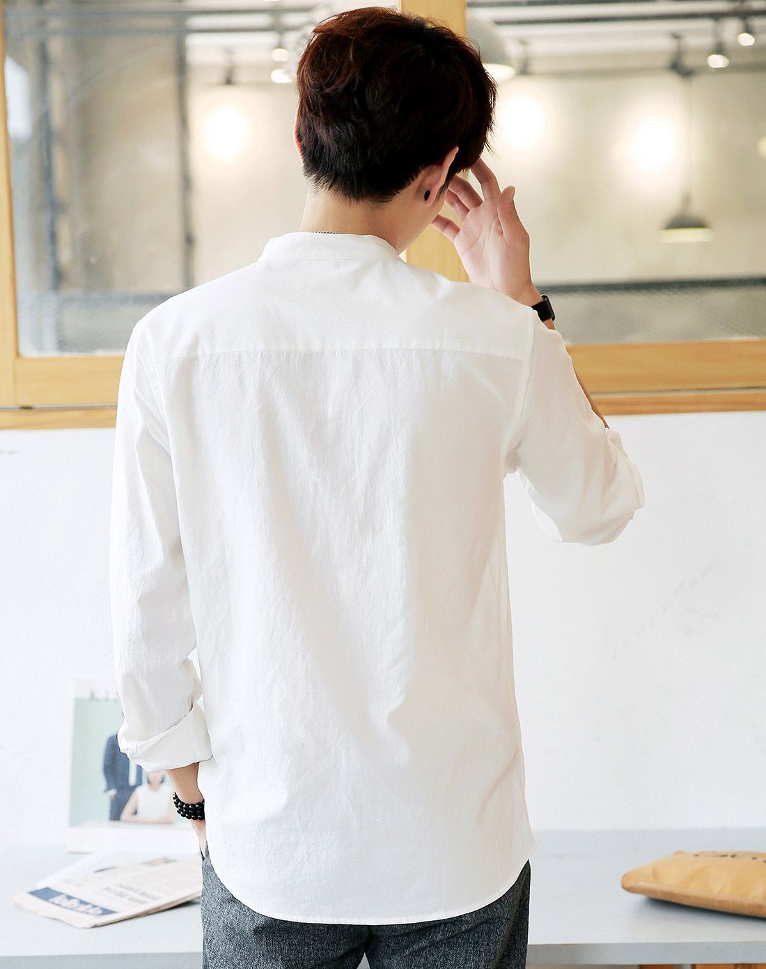 男款简约百搭气质衬衫帅气小立领弧形下摆长袖衬衫