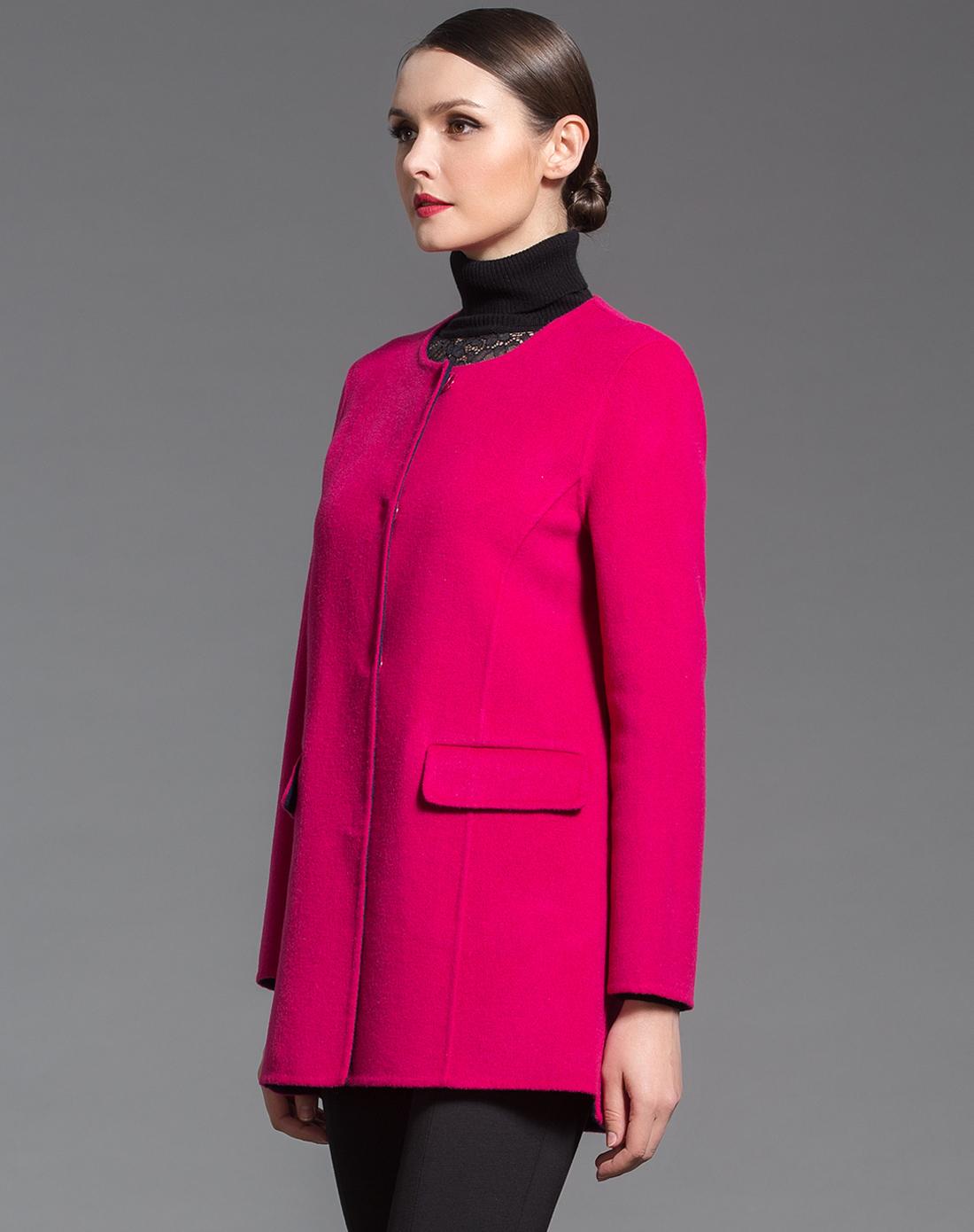 深玫红色优雅气质中长款长袖大衣