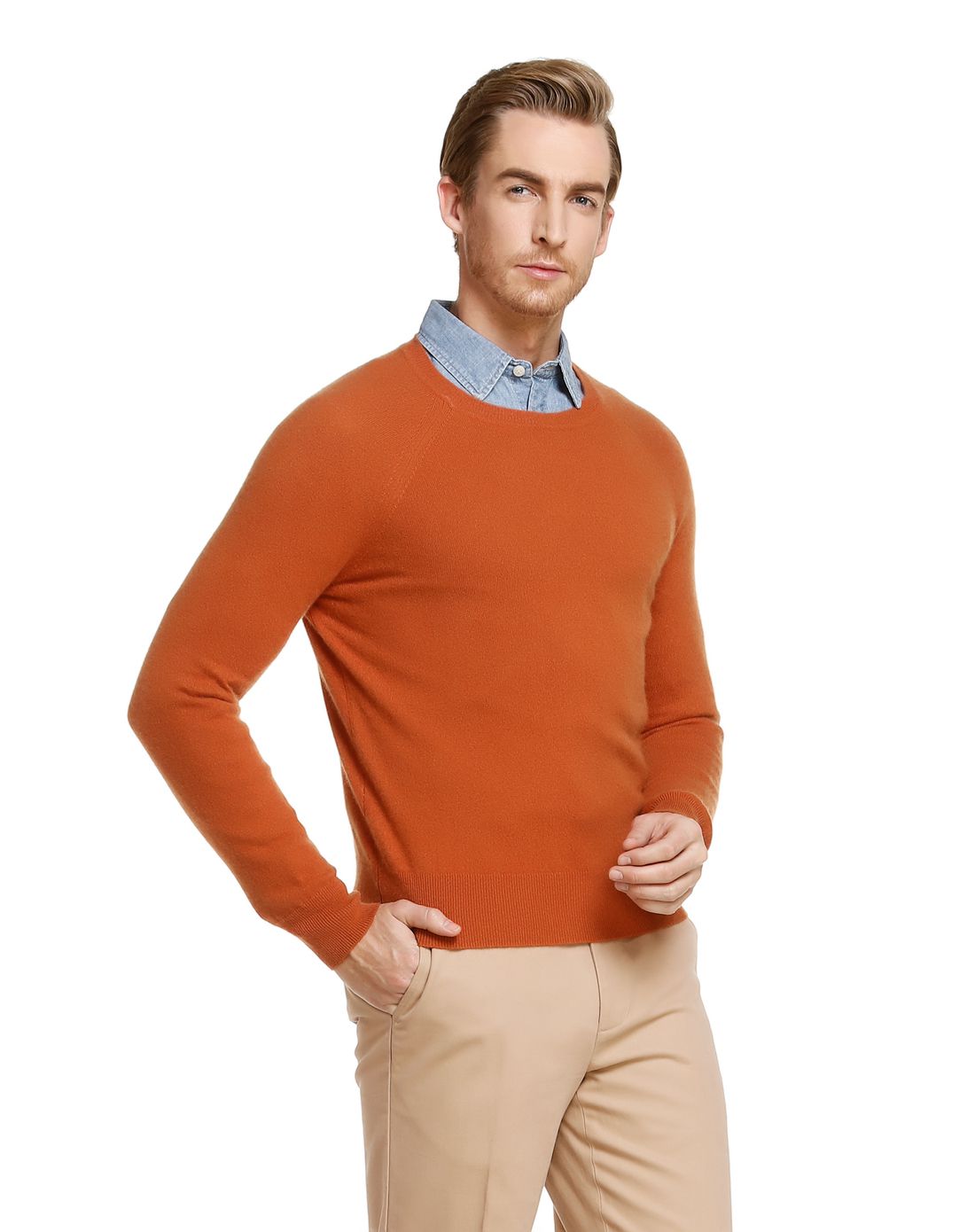 red fleece男款暗橙色圆领纯色山羊绒毛衣