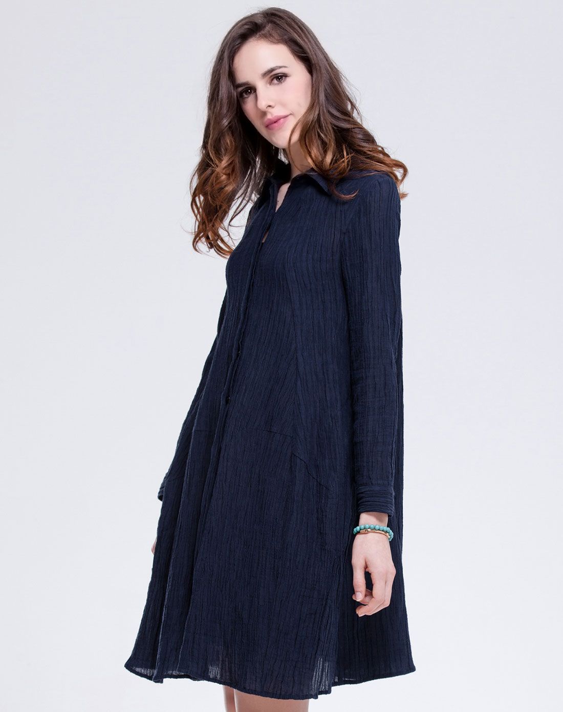 藏蓝色棉麻双绉连衣裙