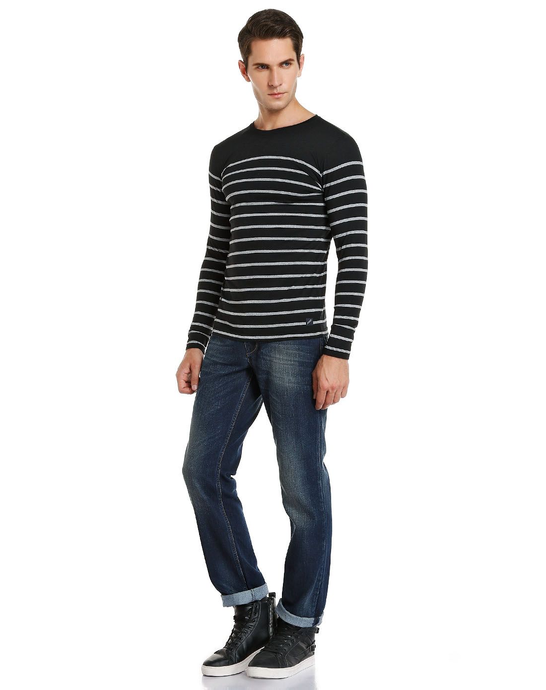 丹尼爱特daniel hechter男装专场 黑/浅灰色时尚条纹圆领长袖t恤