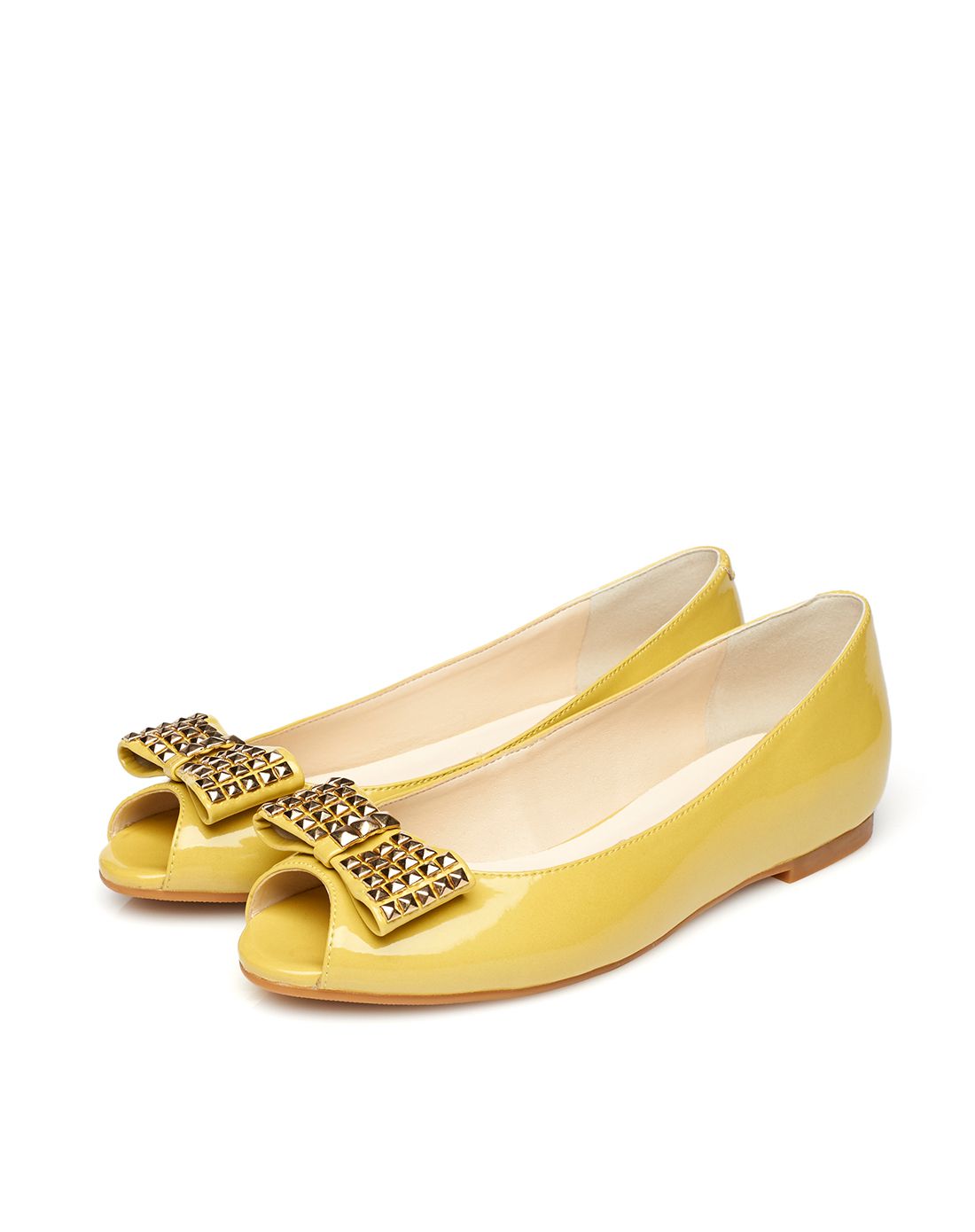 达芙妮daphne女鞋专场 达芙妮低跟铆钉蝴蝶结鱼嘴柠檬黄女凉鞋