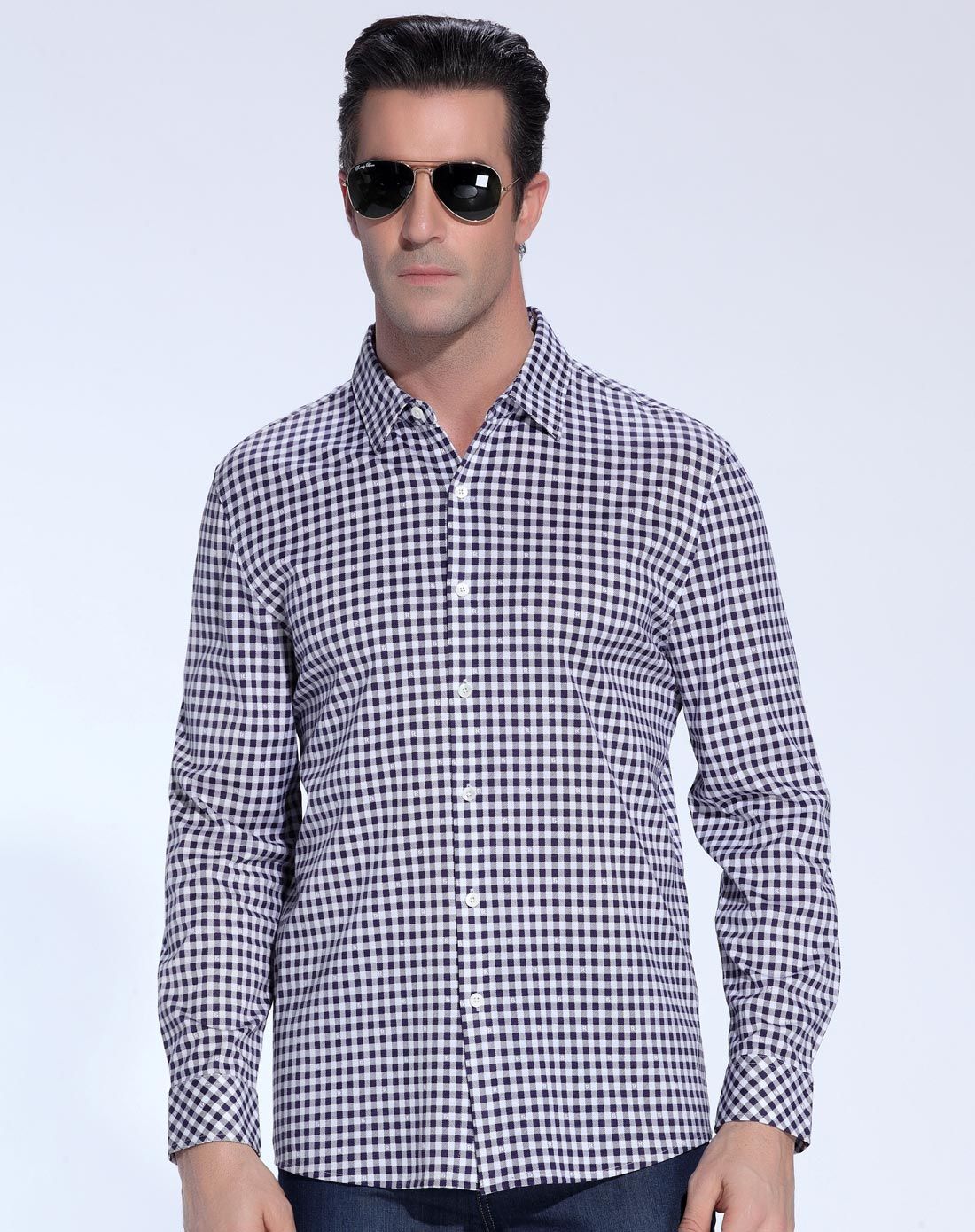 春季丝光棉格子商务休闲衬衫