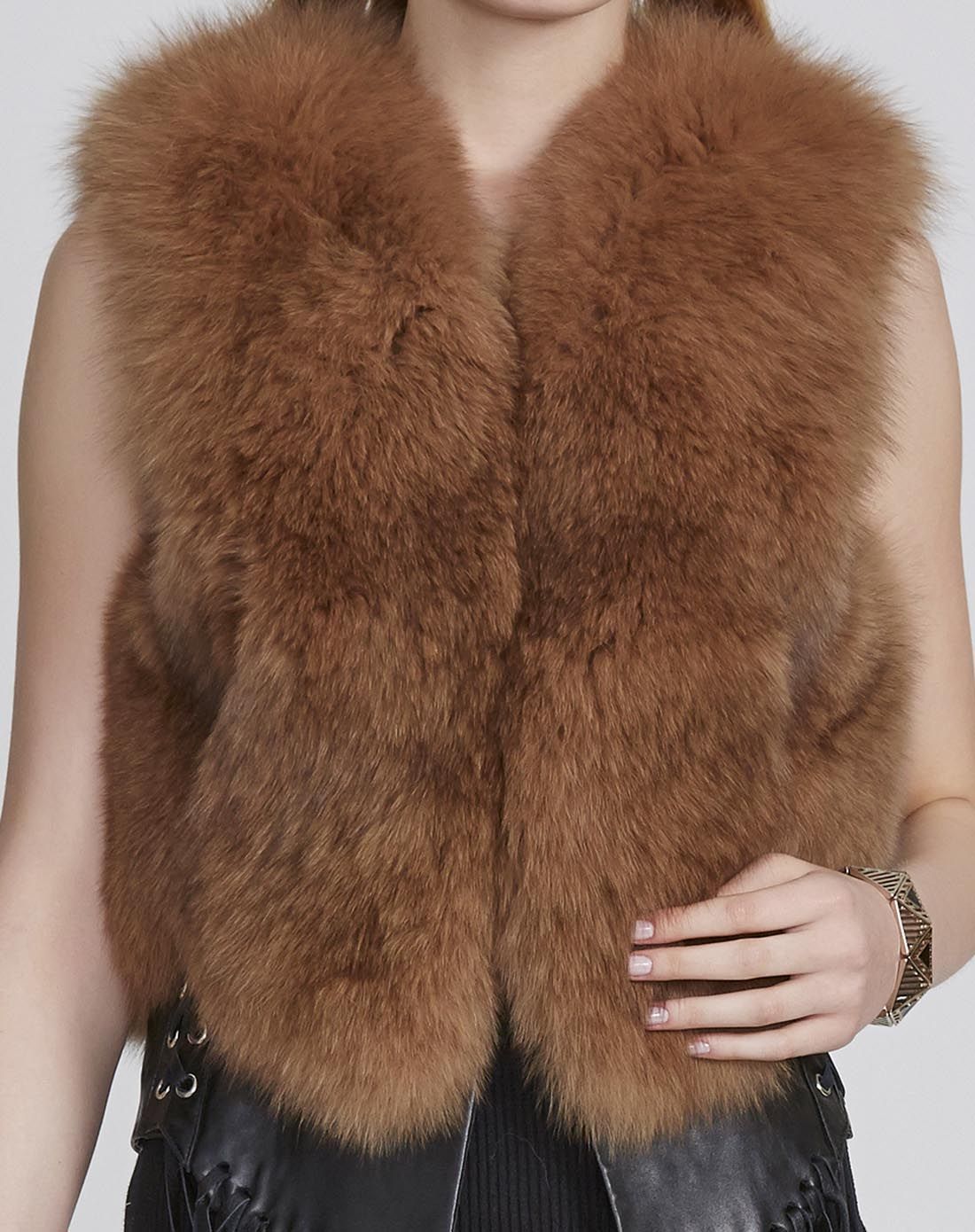 咖啡无袖皮草马甲