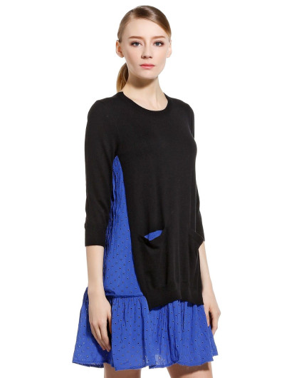 黑/宝蓝色宽松拼接针织七分袖连衣裙