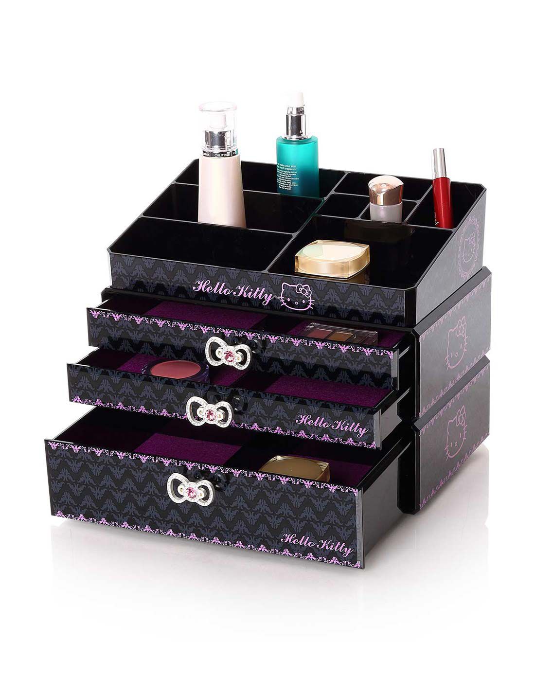 hello kitty收纳用品专场化妆品收纳盒4层3件套黑色(可多层叠放)kt102