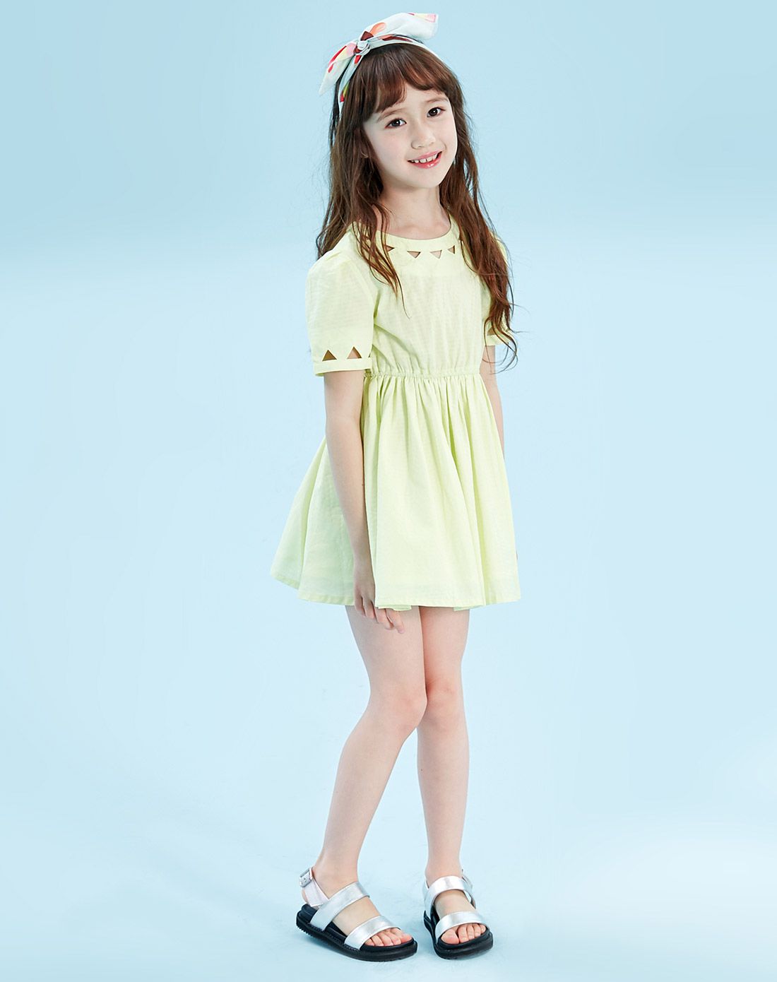 kids童装专场 女童黄绿色短袖连衣裙