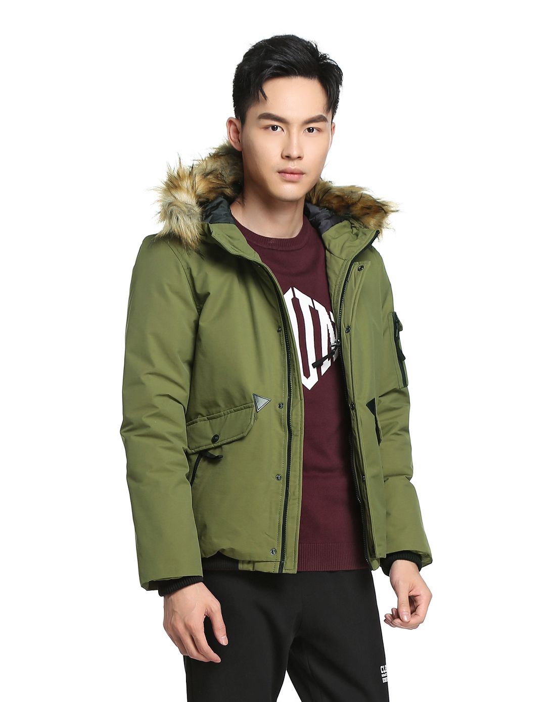 军绿色连帽多袋长袖羽绒服