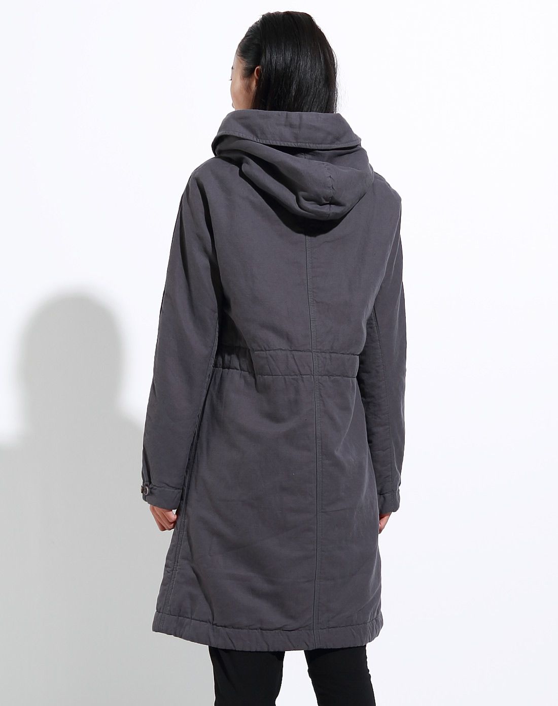 深蓝灰连帽休闲长优雅棉衣