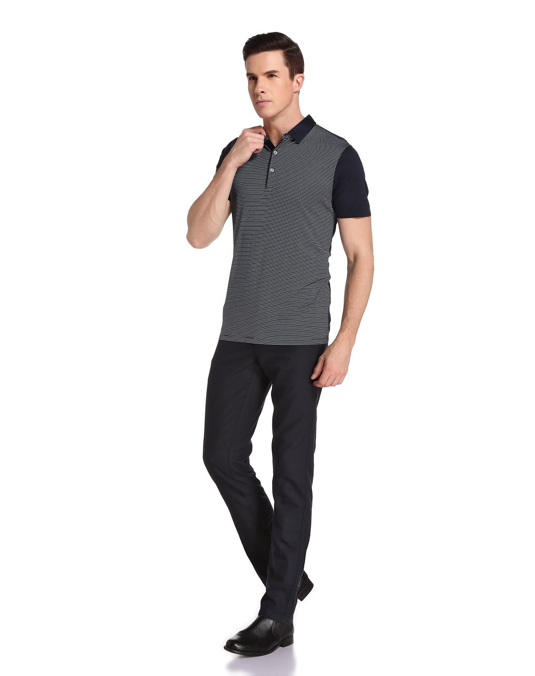 夏利豪charriol男装专场 条纹翻领短袖t恤