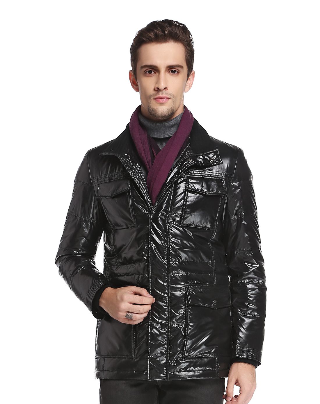 夏利豪黑色时尚多袋长袖羽绒服c94-118221199_唯品会