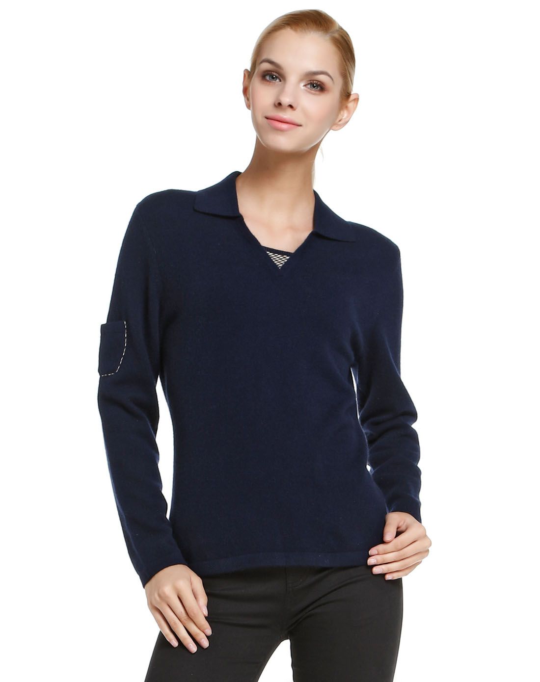 女款深藏蓝色简约通勤翻领长袖纯山羊绒衫