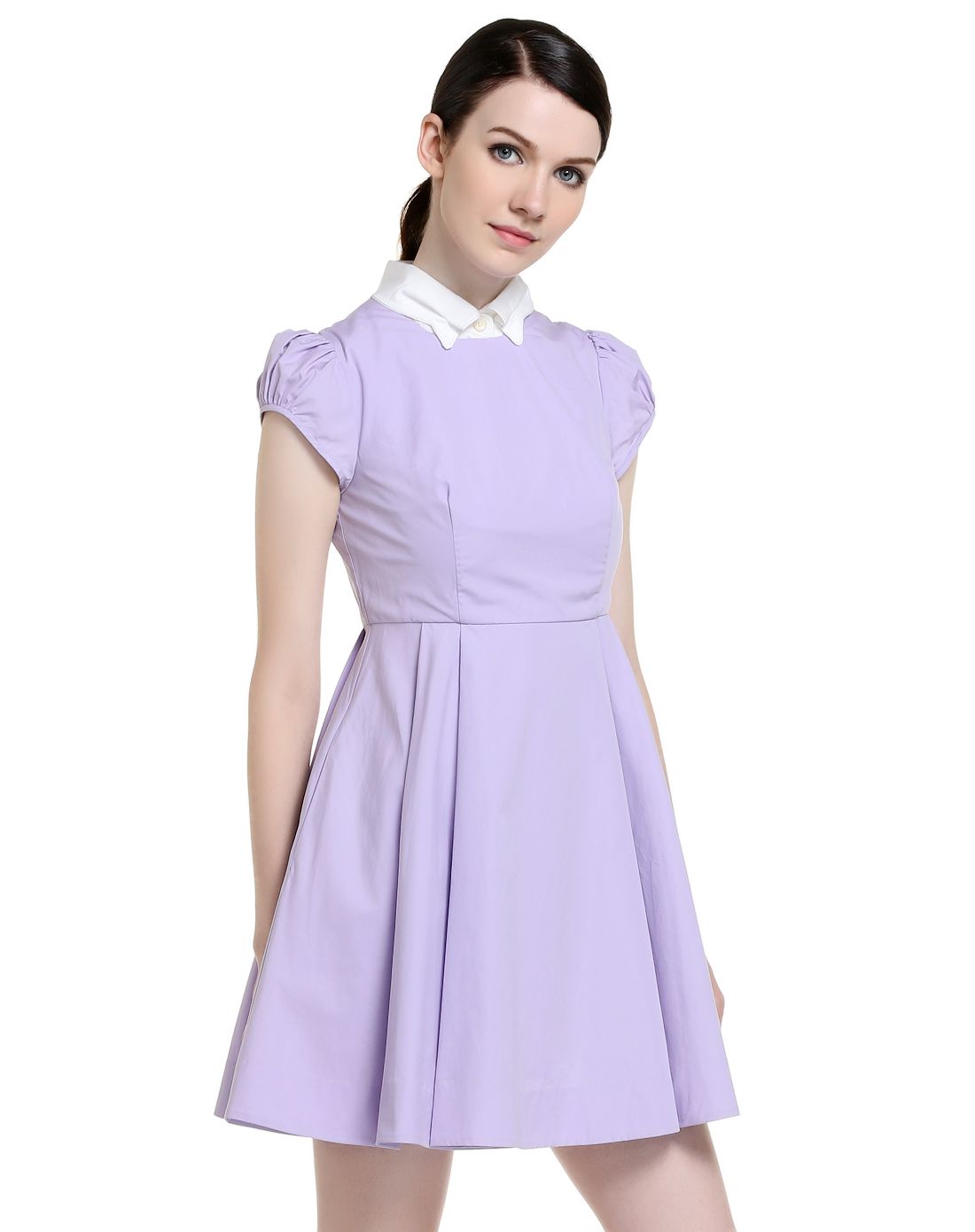 浅紫/白色淑女气质短袖连衣裙