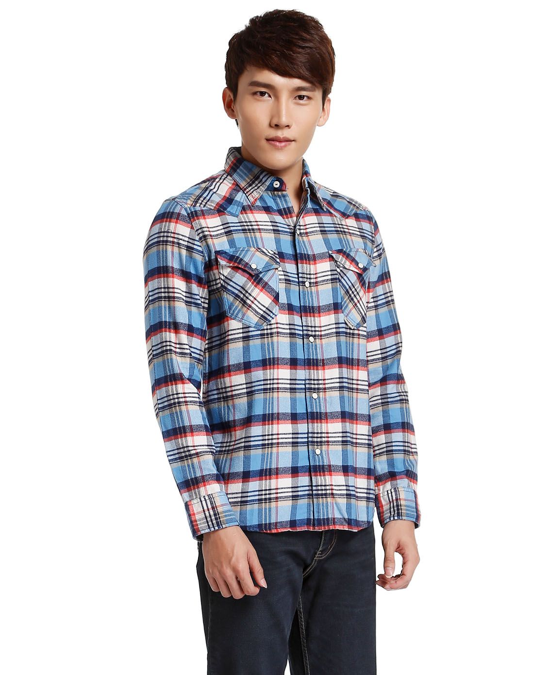 texwood男女装男款蓝/多色风度格子长袖衬衫9624041anv4_唯品会