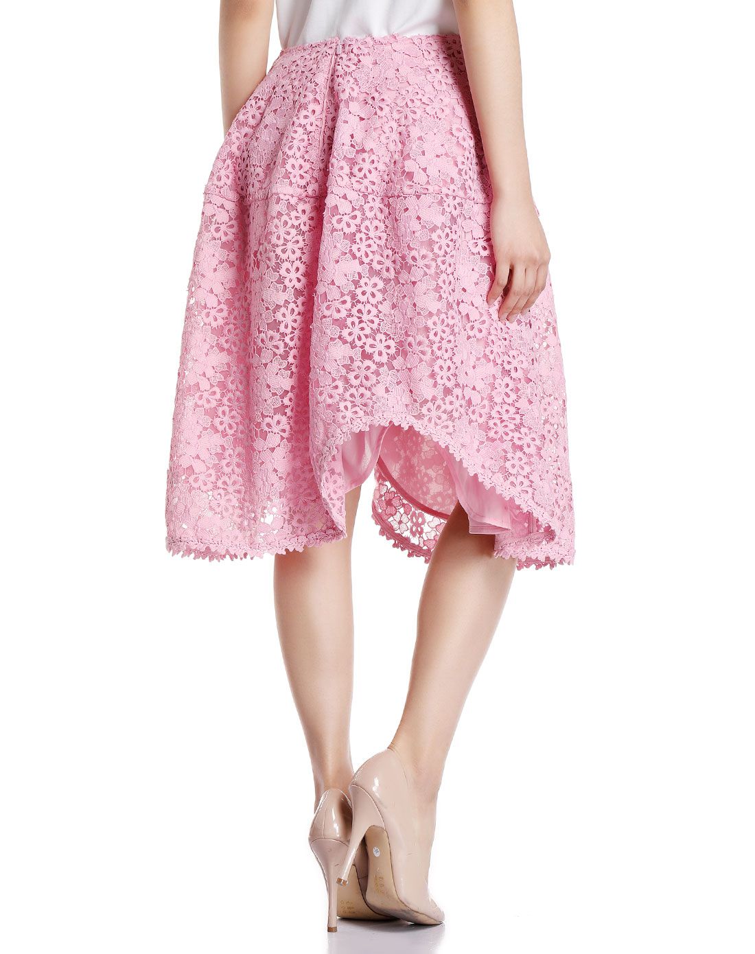 粉红色蕾丝百搭中长裙