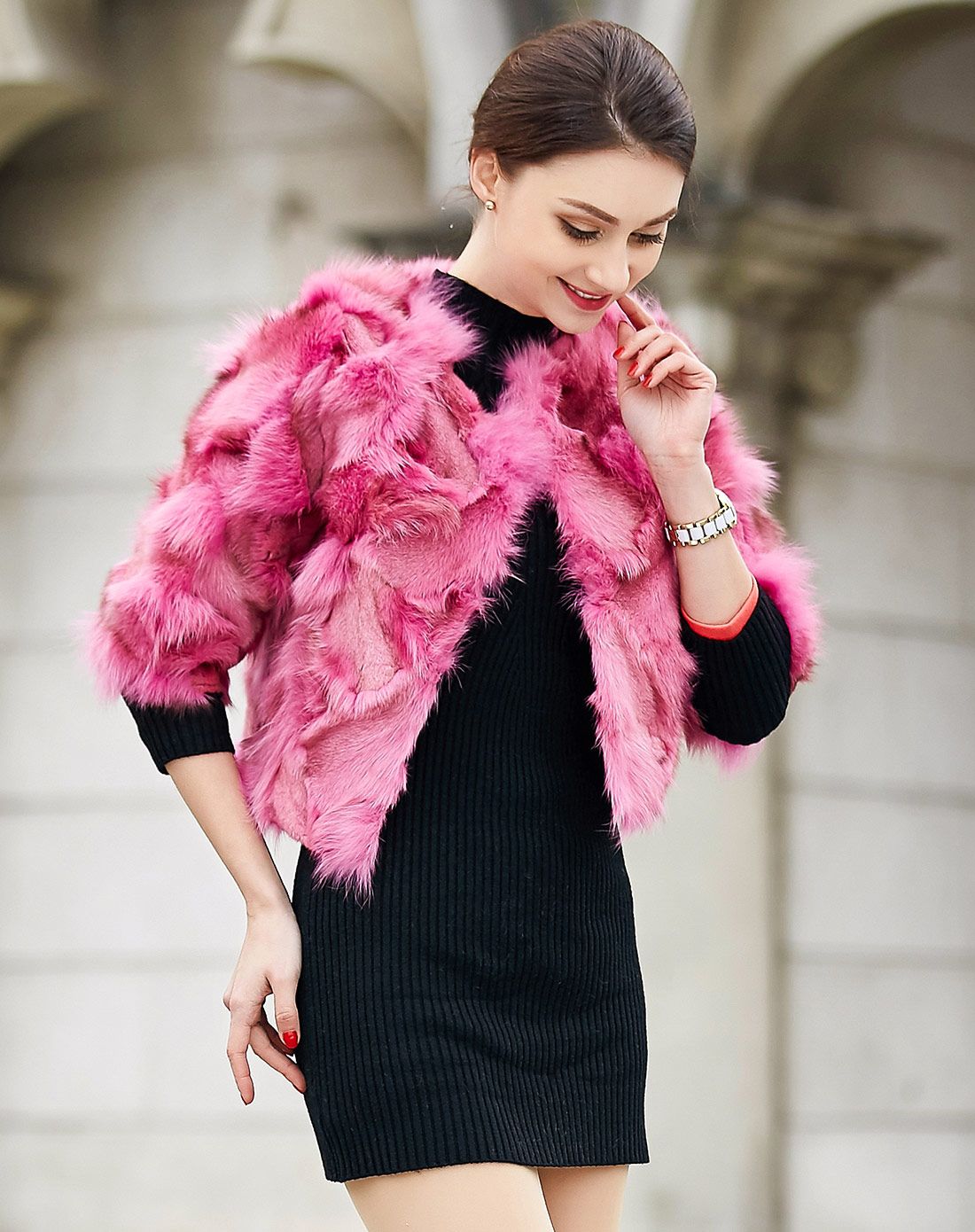 玫红色圆领显瘦纯狐狸毛皮草外套