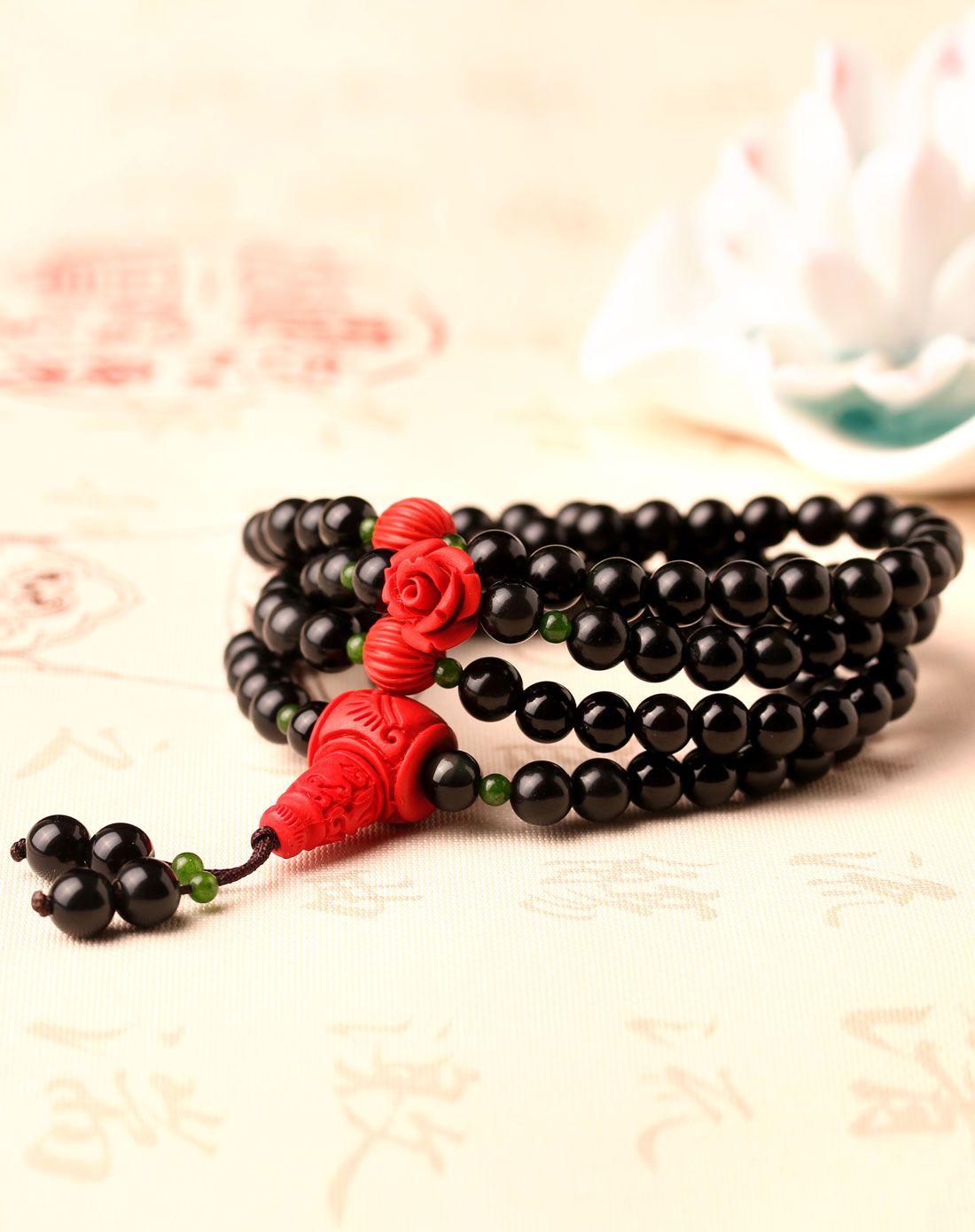 天然黑曜石朱砂四圈佛珠手链