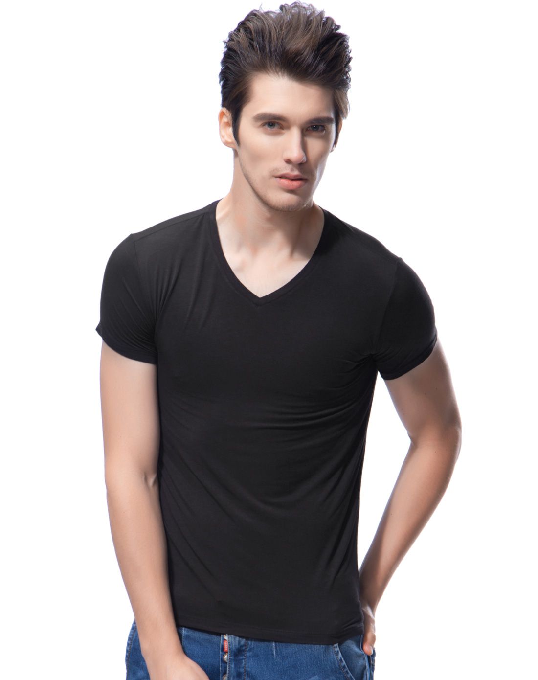 男式黑色粘胶纤维v领透气短袖