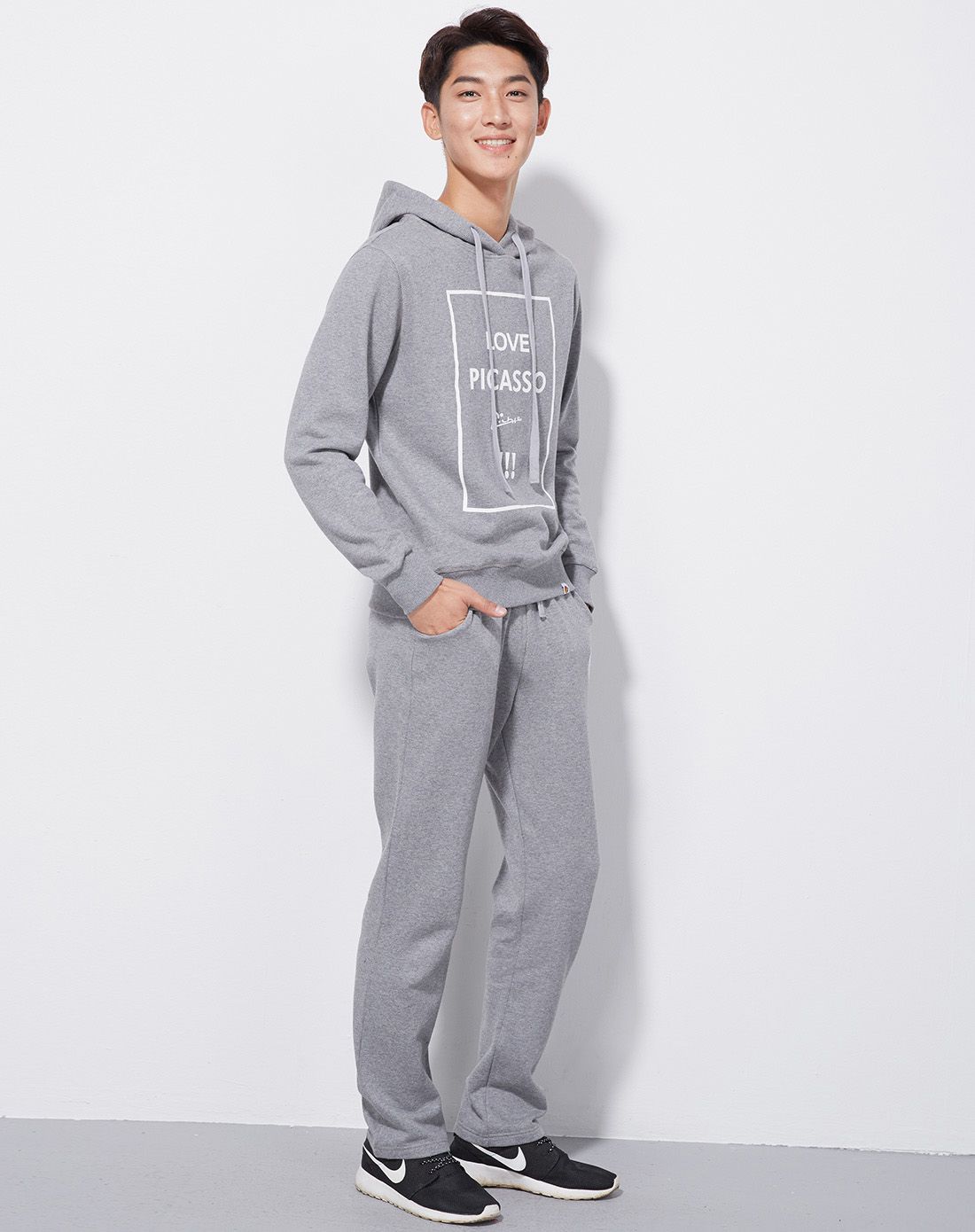 男款麻灰色加绒加厚潮流字母连帽居家长袖套装