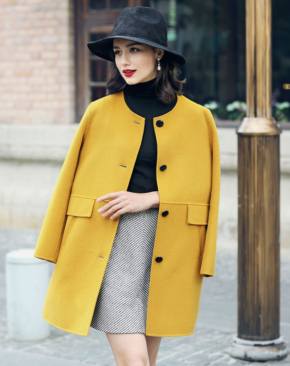 赤金色简约素雅双面呢大衣