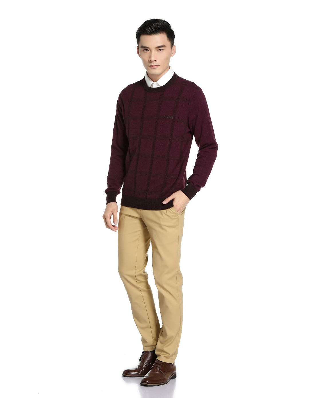 男款紫棕色稳重成熟长袖山羊绒衫