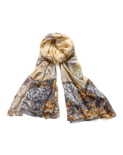 意大利galleria 女款鹅黄色花卉图案真丝围巾 防寒保暖