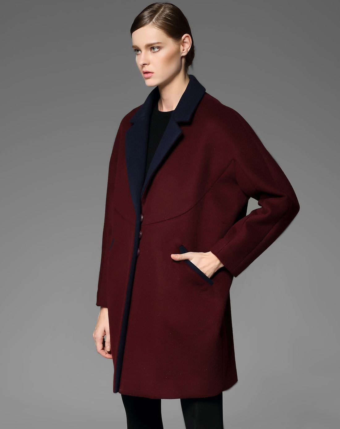 深枣红色简约韩版长袖大衣