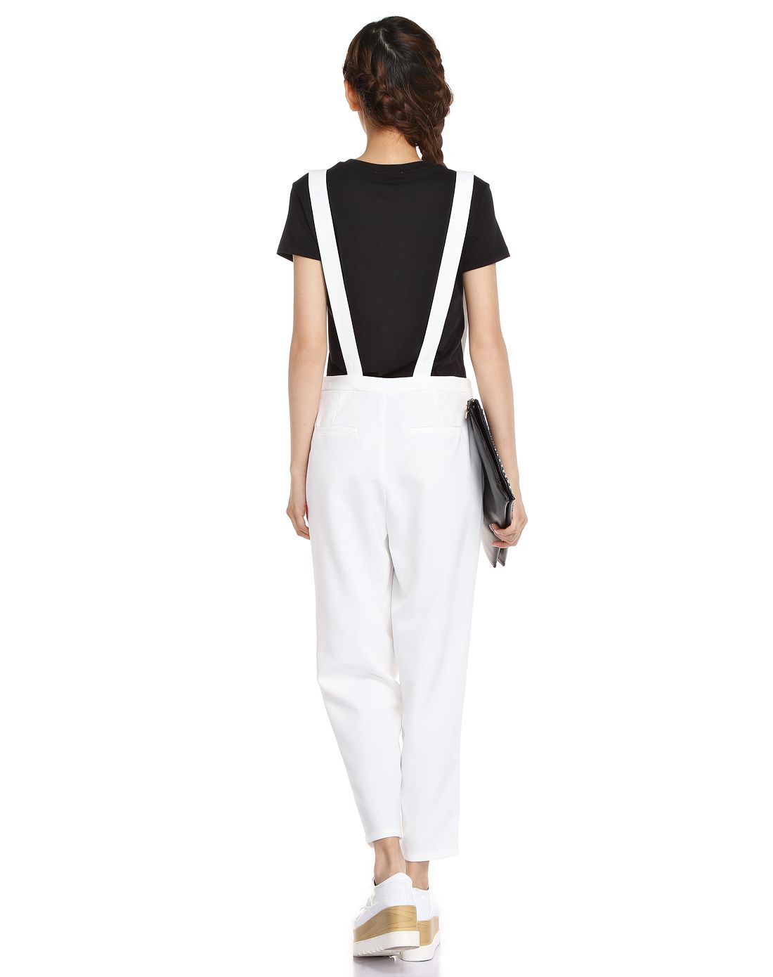 白色时尚背带休闲裤