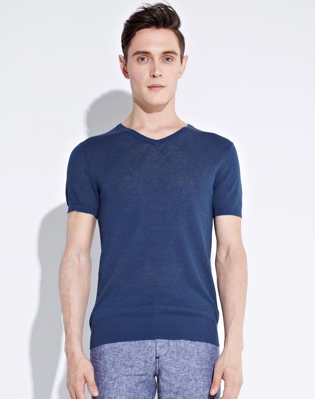 靛蓝色 天然麻棉v领针织短袖t恤